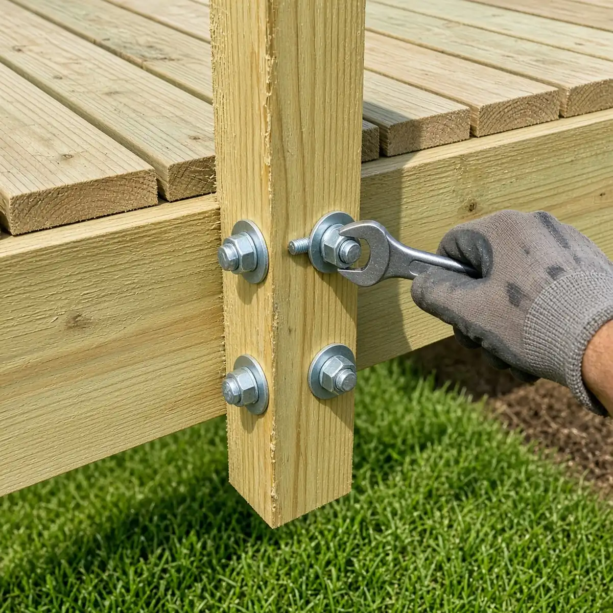 Deck railing post being bolted into the deck frame