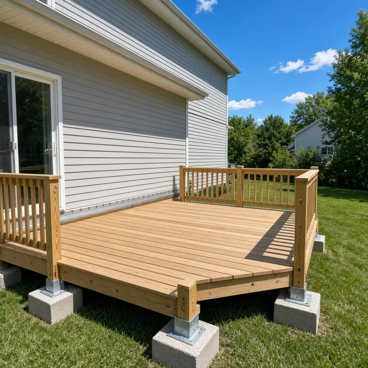 Brand-new deck rebuilt on fresh footings where an old one stood