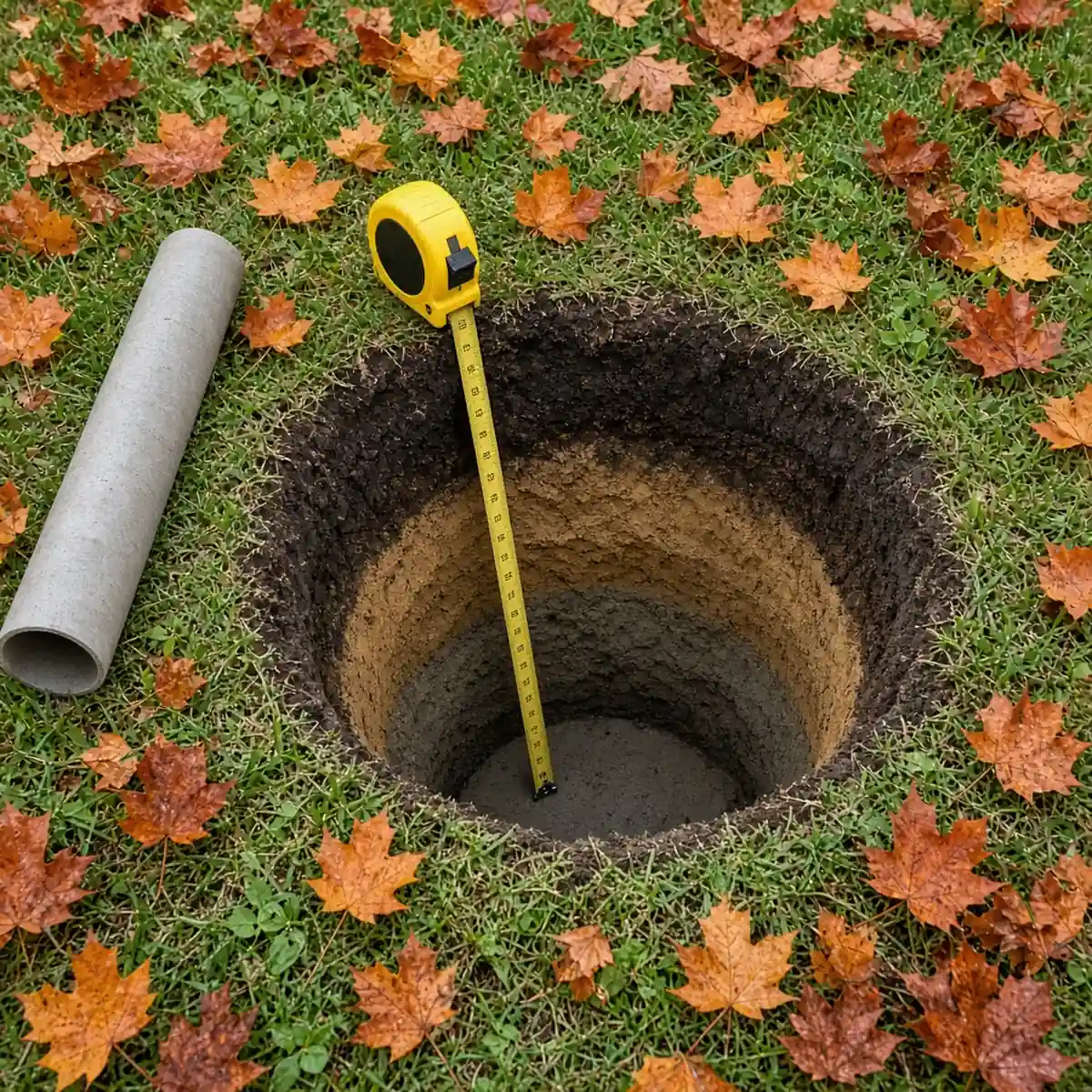 Deck footing hole dug deep below grade with a tape measure showing depth