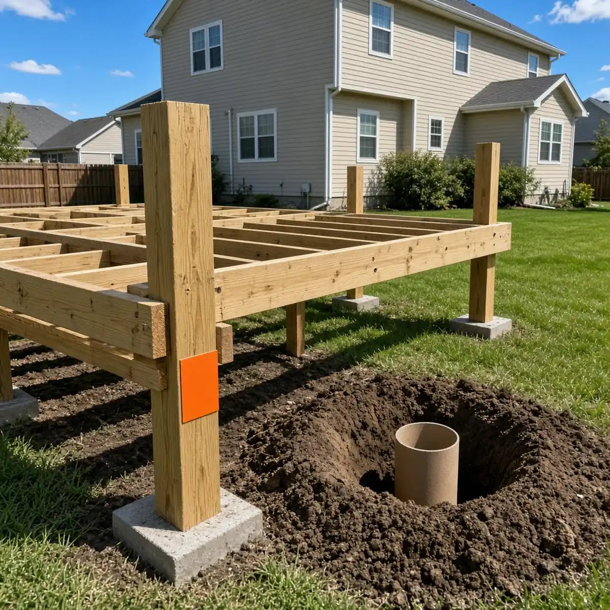 Minnesota residential deck under construction with inspection tag