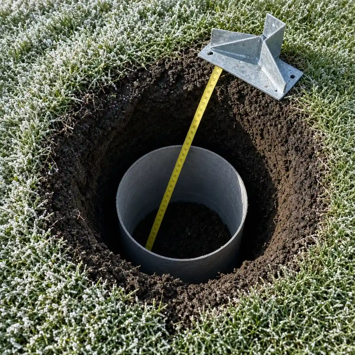 Deck post on a concrete frost footing set deep below grade in cold Minnesota soil