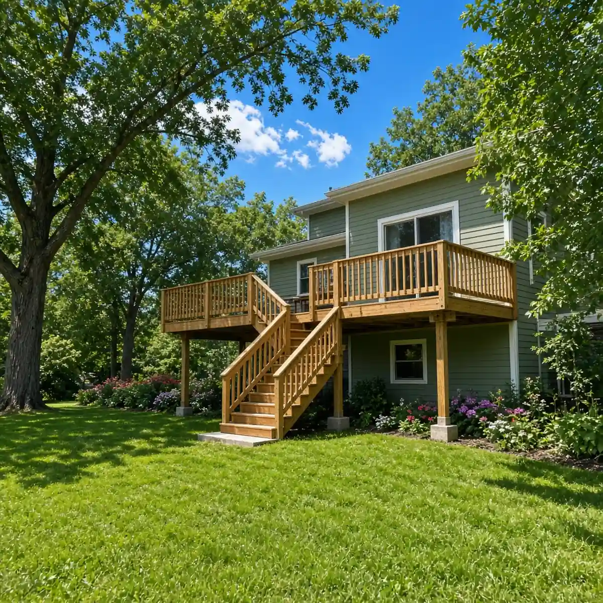 Completed wood deck with stairs on a suburban Minnesota backyard