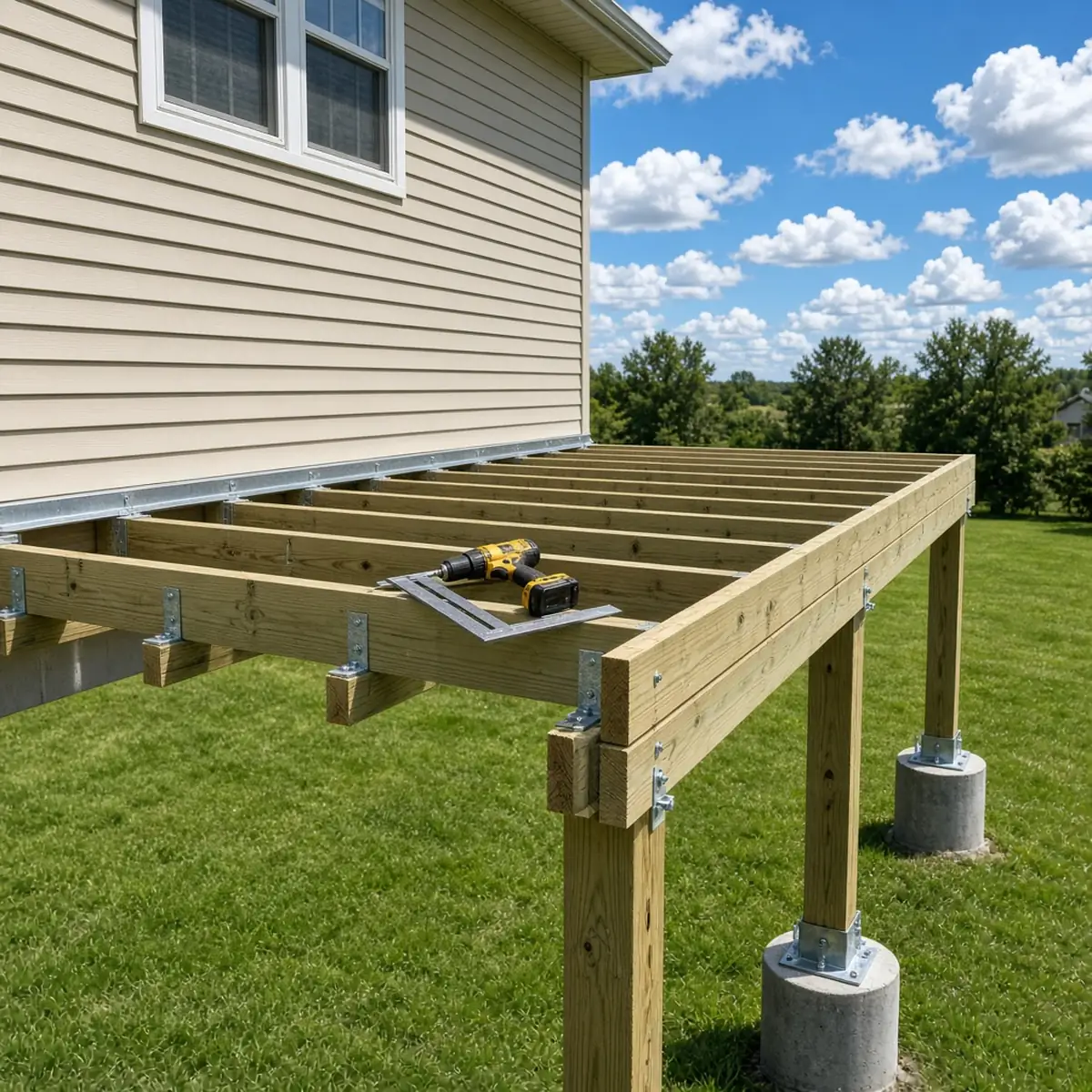 Treated-lumber deck frame and joists going up on a Maple Grove home before decking