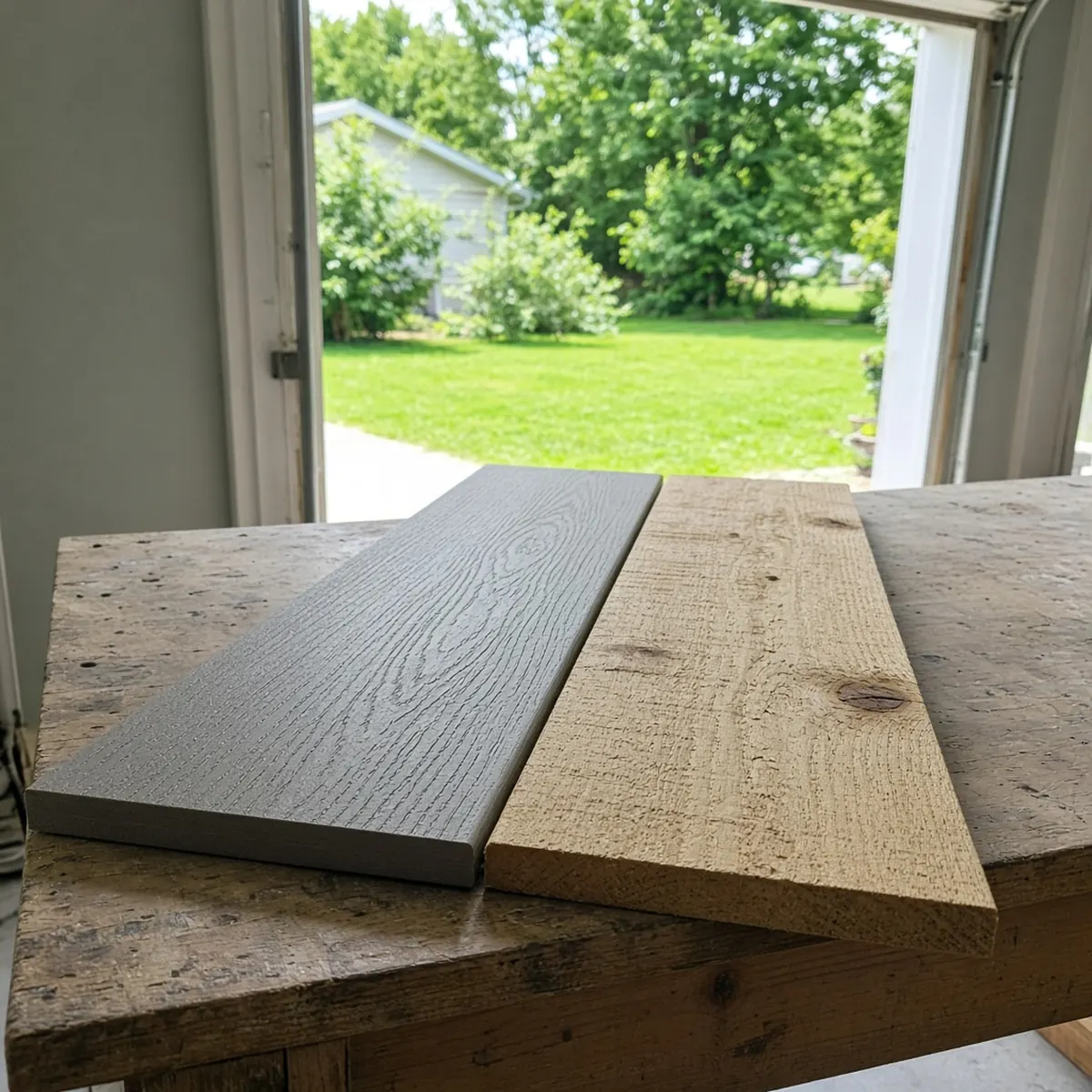 Composite board and pressure-treated wood board side by side