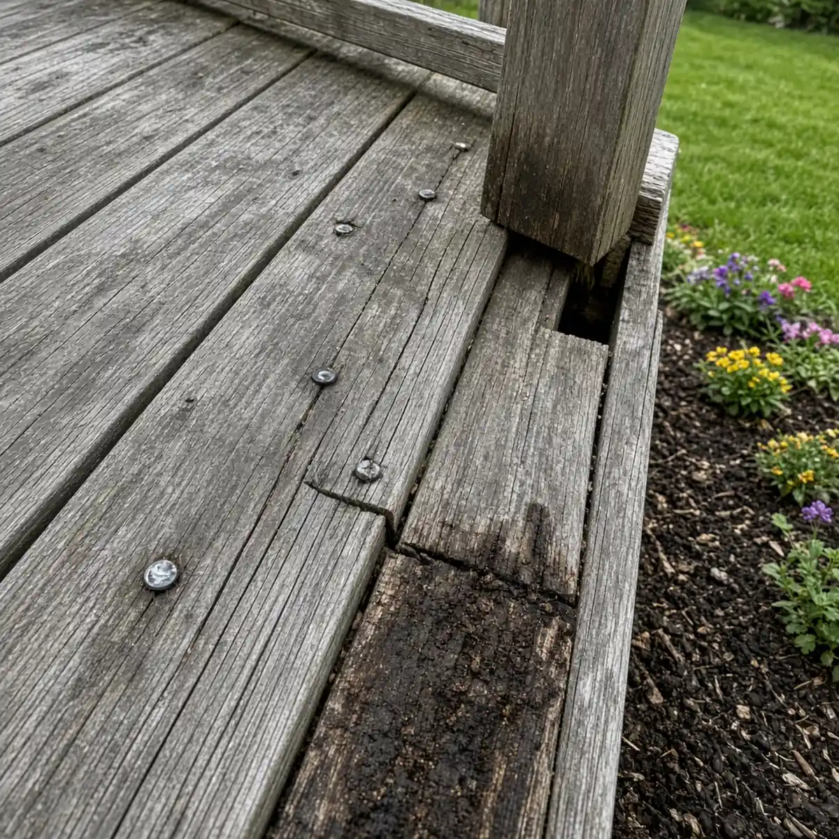 Weathered deck showing rot, nail pops, and a loose railing
